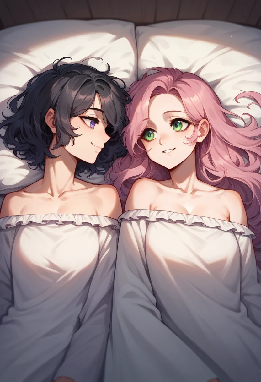 shoulder lenght straight elegant black hair with purple eyes, long straight washed pink hair with green eyes, about to sleep together, s, looking at each other, smiling, 5 years olds, bedsheet, cozy p