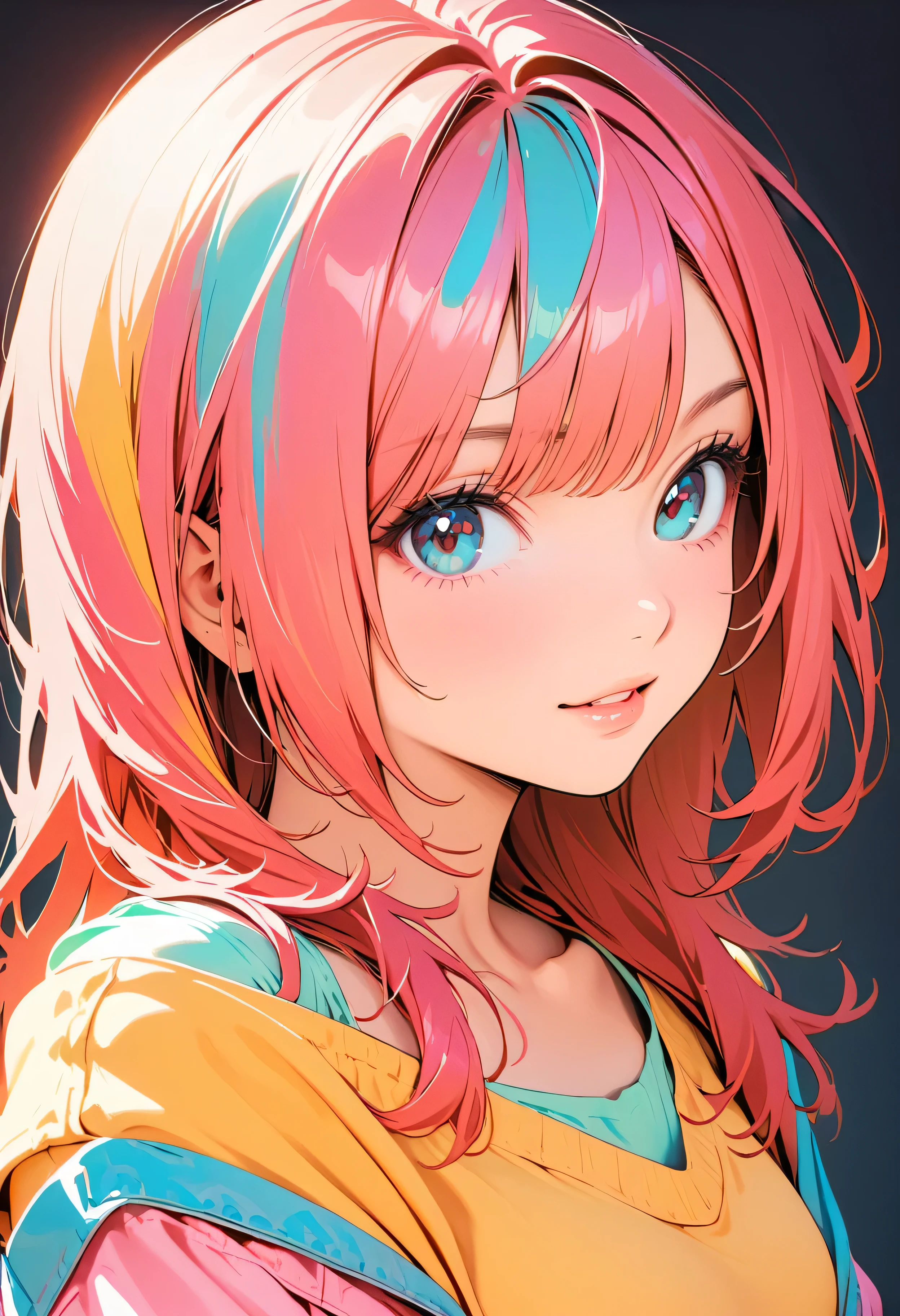 (Highest quality:1.2, City Pop Style, Very detailed, up to date, Vibrant, High Contrast, masterpiece:1.2, Highest quality, Best aesthetics), girl, ((Face Up Shot:1.4)), Colorful Hair, pastel colour, 1980s style, ((Retro, Vintage, Plain background))