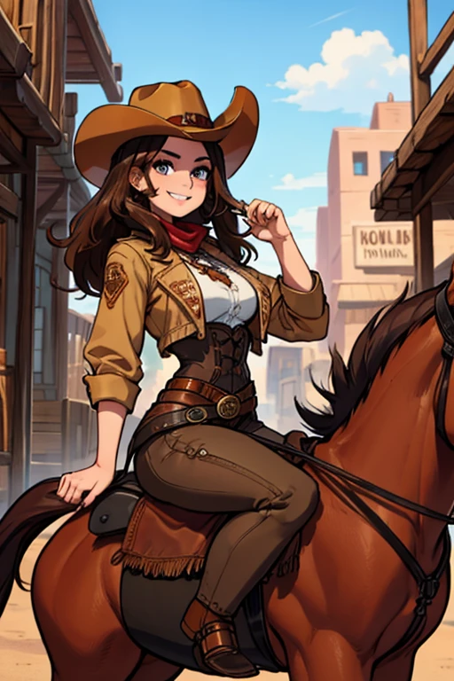 perfect face, perfect hands A brown haired female cowgirl with copper eyes with an hourglass figure in a conservative cowgirl outfit is riding a horse through a wild west town with a big smile