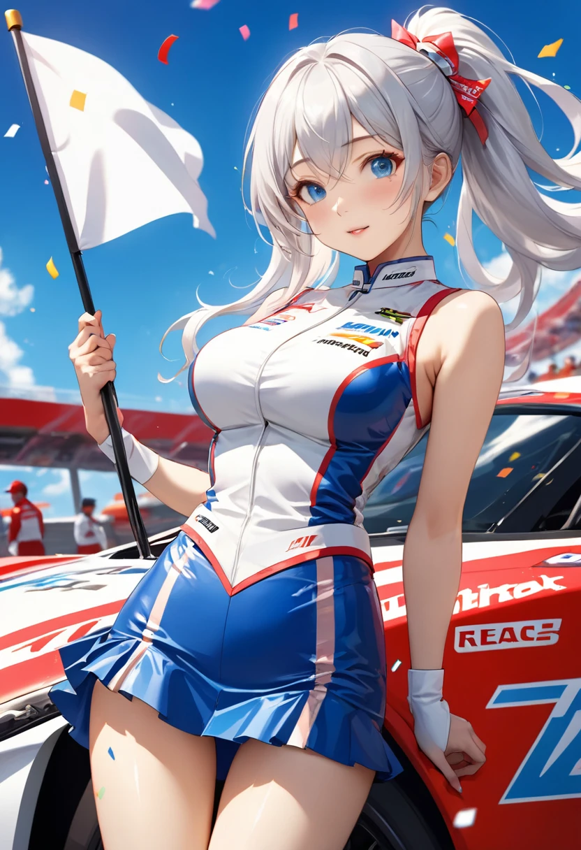 Highest quality, Super quality, 16K, Incredibly absurd, Very detailed, 2.5D, delicate and dynamic, blue sky, Confetti, Racing Car, flag, Small face, Extremely delicate facial expression, Delicate eye depiction, Extremely detailed hair, Upper body close-up, erotic, sole sexy lady, healthy shaped body, 22 years old lady, Race Queen, 170cm tall, big firm bouncing busts, white silver long hair, sexy long legs, Glowing Skin, , Flashy Race Queen costume, blue tight skirt, white leather long boots, Formula 1, Auto Racing Track
