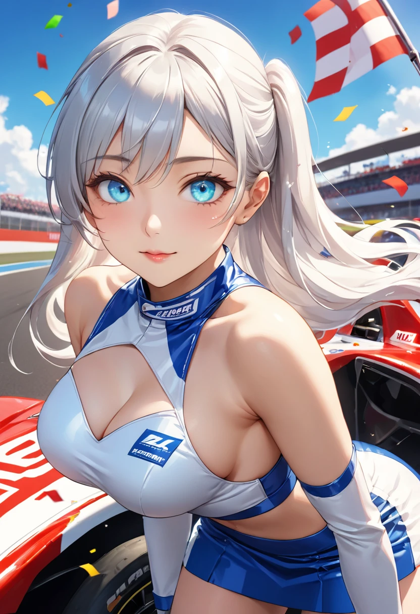 Highest quality, Super quality, 16K, Incredibly absurd, Very detailed, 2.5D, delicate and dynamic, blue sky, Confetti, Racing Car, flag, Small face, Extremely delicate facial expression, Delicate eye depiction, Extremely detailed hair, Upper body close-up, erotic, sole sexy lady, healthy shaped body, 22 years old lady, Race Queen, 170cm tall, big firm bouncing busts, white silver long hair, sexy long legs, Glowing Skin, , Flashy Race Queen costume, blue tight skirt, white leather long boots, Formula 1, Auto Racing Track