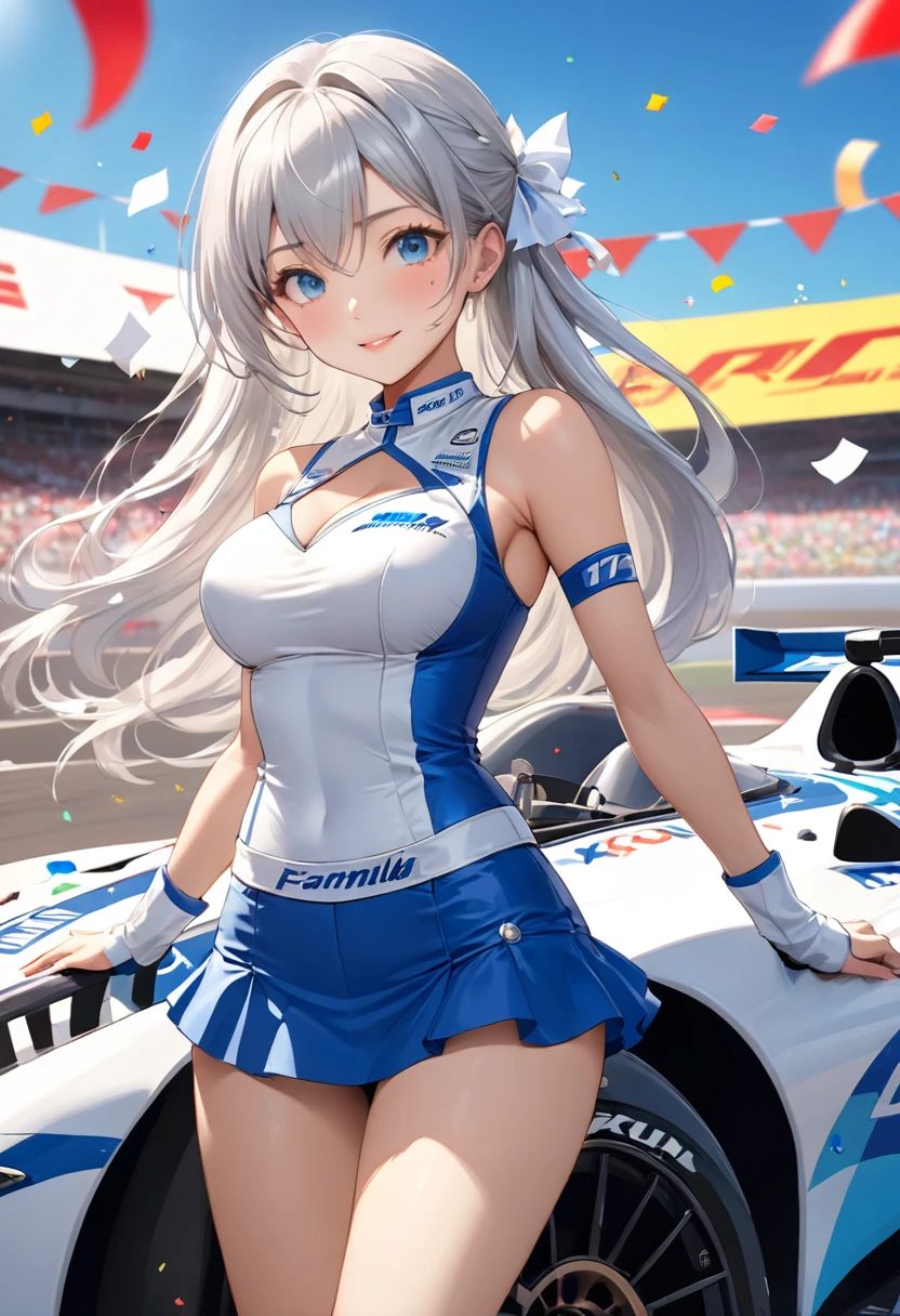 Highest quality, Super quality, 16K, Incredibly absurd, Very detailed, 2.5D, delicate and dynamic, blue sky, Confetti, Racing Car, flag, Small face, Extremely delicate facial expression, Delicate eye depiction, Extremely detailed hair, Upper body close-up, erotic, sole sexy lady, healthy shaped body, 22 years old lady, Race Queen, 170cm tall, big firm bouncing busts, white silver long hair, sexy long legs, Glowing Skin, , Flashy Race Queen costume, blue tight skirt, white leather long boots, Formula 1, Auto Racing Track