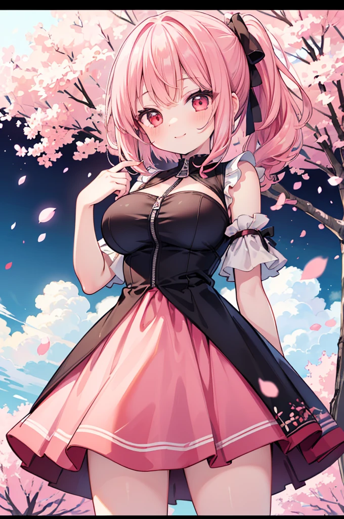 ((Masterpiece)),((high resolution)),((Best Quality)),Anime illustration,(((1girl))),,(wavy hair),(short hair),(pale pink hair color),small ponytail,Red eyes,(Big round eyes),((tareme)),15 years old,((loli face)),((very big breasts)),Short stature,,Front zipper dress,smile,Ladylike,cherry blossoms,