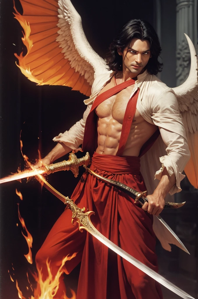 Lucifer passing a sword of fire through Michael's chest