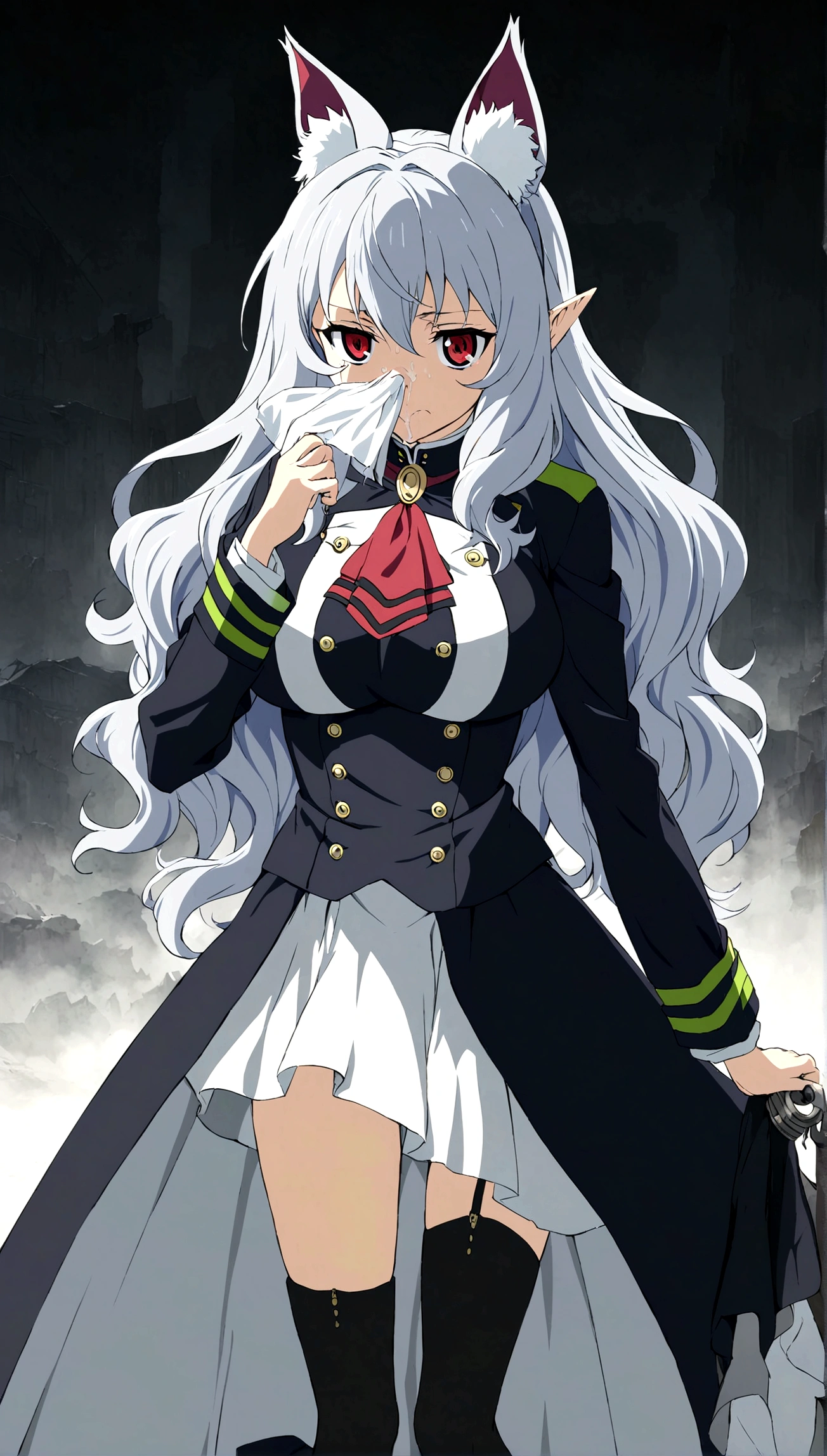 Anime. Owari no Seraph. 1 Girl. Dear . A vampire. Progenitor Clumsy. Silver hair. Wavy hair. Long hair. Red eyes. Beautiful eyes. Perfect eyes. Expressive eyes. Ideal face. Perfect body. Beautiful long ones. legs. Beautiful nose. 18 years. Big breasts. Standing. Full length Beautiful character design. Shiny skin. Pointy ears. White dress. Vampire uniform dress from
Owari no Seraph. Black stockings. Heeled shoes. Rapier in right hand. Cold. Runny nose. Nasal mucus. Snot. Snot flows from the nose. She wants to sneeze. She needs to sneeze. She has a strong, desperate urge to sneeze. She sneezed. Sneezes with snot. Handkerchief. Hand with a handkerchief near the face. Blows his nose. Ruins of Tokyo. Full body. NSWF. Official art. Extremely detailed CG Unity 8k wallpaper. Ideal lighting. Ultra high resolution 4K. Super detailed 8K. A high resolution.