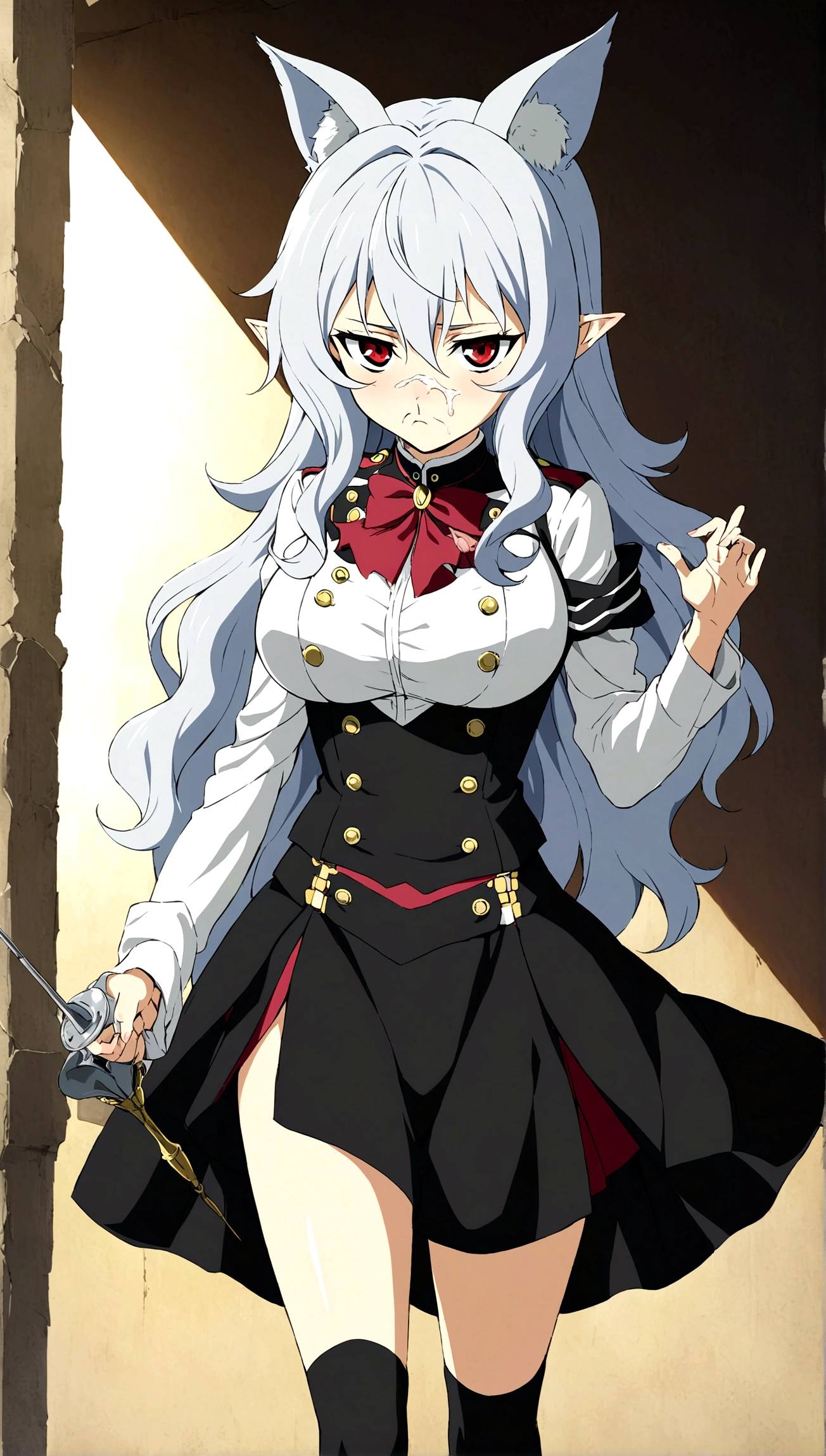Anime. Owari no Seraph. 1 Girl. Dear . A vampire. Progenitor Clumsy. Silver hair. Wavy hair. Long hair. Red eyes. Beautiful eyes. Perfect eyes. Expressive eyes. Ideal face. Perfect body. Beautiful long ones. legs. Beautiful nose. 18 years. Big breasts. Standing. Full length Beautiful character design. Shiny skin. Pointy ears. White dress. Vampire uniform dress from
Owari no Seraph. Black stockings. Heeled shoes. Rapier in right hand. Cold. Runny nose. Nasal mucus. Snot. Snot flows from the nose. She wants to sneeze. She needs to sneeze. She has a strong, desperate urge to sneeze. She sneezed. Sneezes with snot. Handkerchief. Hand with a handkerchief near the face. Blows his nose. Ruins of Tokyo. Full body. NSWF. Official art. Extremely detailed CG Unity 8k wallpaper. Ideal lighting. Ultra high resolution 4K. Super detailed 8K. A high resolution.