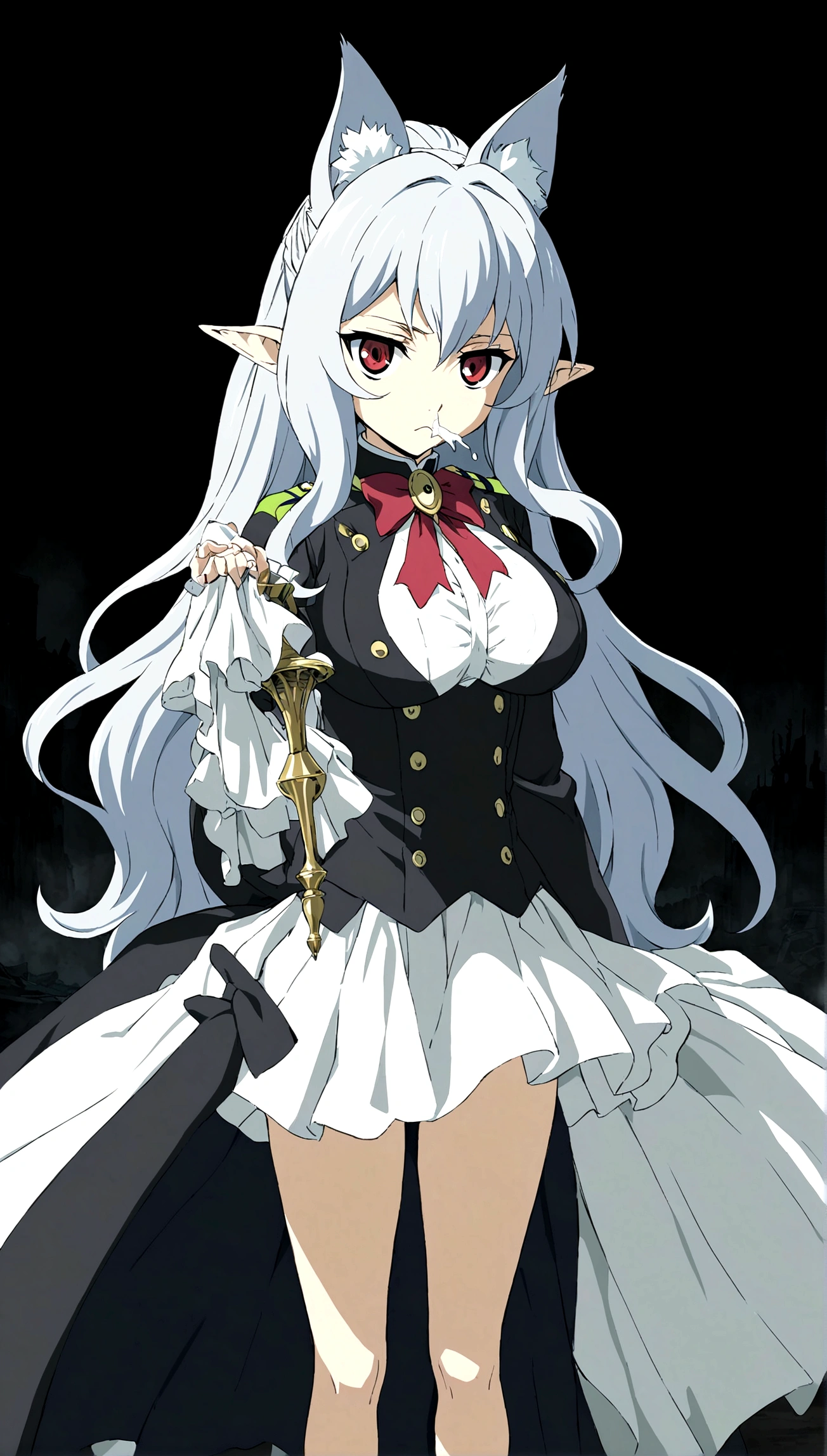 Anime. Owari no Seraph. 1 Girl. Dear . A vampire. Progenitor Clumsy. Silver hair. Wavy hair. Long hair. Red eyes. Beautiful eyes. Perfect eyes. Expressive eyes. Ideal face. Perfect body. Beautiful long ones. legs. Beautiful nose. 18 years. Big breasts. Standing. Full length Beautiful character design. Shiny skin. Pointy ears. White dress. Vampire uniform dress from
Owari no Seraph. Black stockings. Heeled shoes. Rapier in right hand. Cold. Runny nose. Nasal mucus. Snot. Snot flows from the nose. She wants to sneeze. She needs to sneeze. She has a strong, desperate urge to sneeze. She sneezed. Sneezes with snot. Handkerchief. Hand with a handkerchief near the face. Blows his nose. Ruins of Tokyo. Full body. NSWF. Official art. Extremely detailed CG Unity 8k wallpaper. Ideal lighting. Ultra high resolution 4K. Super detailed 8K. A high resolution.