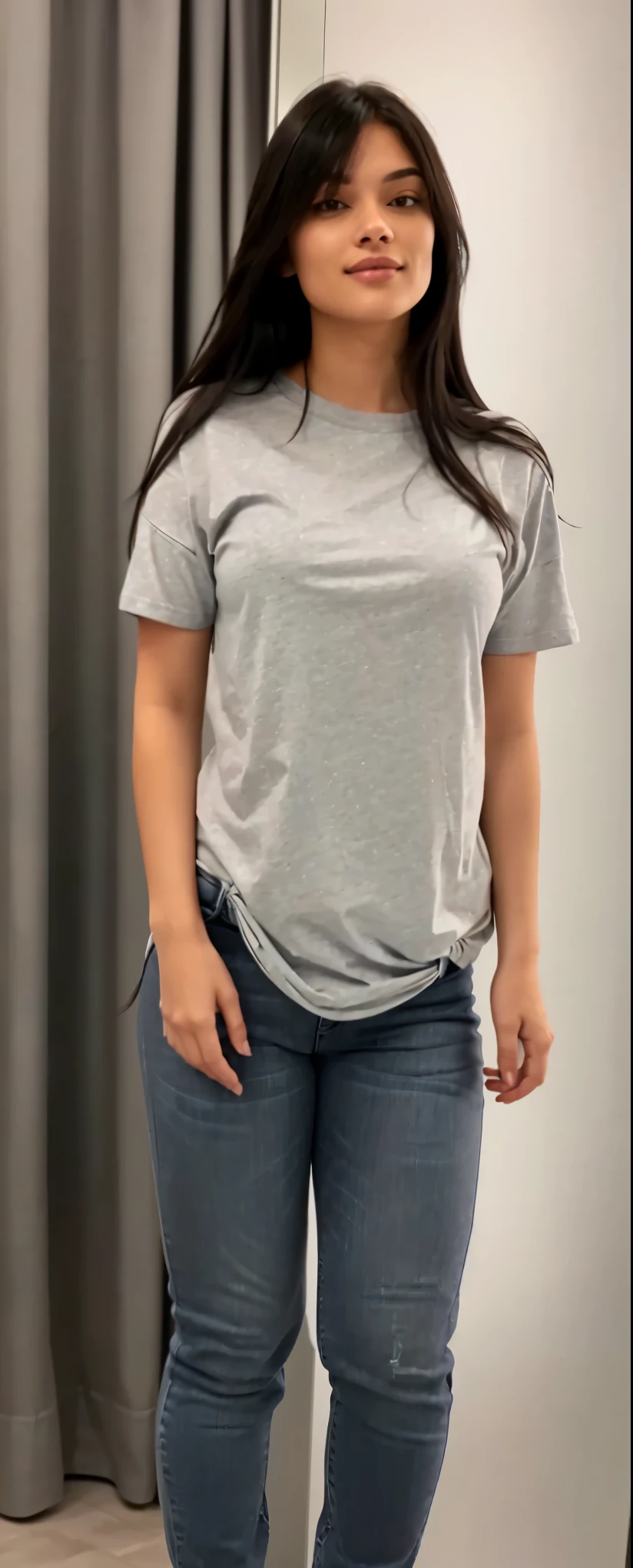 a woman standing in front of a mirror wearing a gray shirt and jeans, gray shirt, wearing a tshirt, wearing pants and t-shirt, thick, tight shirt, wearing a shirt leve, wearing tight shirt, wearing a shirt, wearing in shirt, hand on hips, wearing a shirt and a jean, tied shirt, wearing simple, tight-fitting clothes