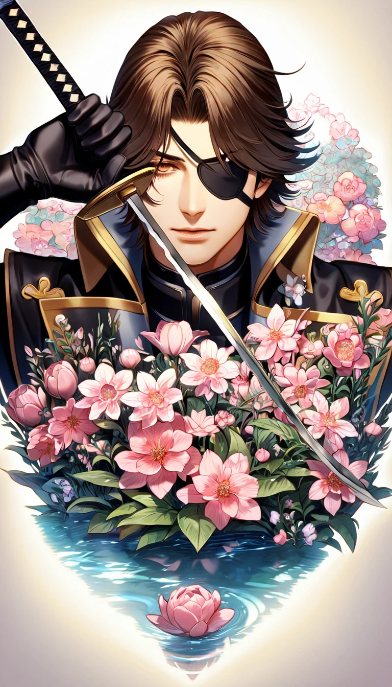 Super detailed, High resolution, Absurd, High resolution, masterpiece, Date Masamune, Medium brown hair, expressive brown eyes, A black eyepatch over his right eye, Sengoku BASARA, water, Pink Flower, good looking, Sexy man, alone, Highest quality, Flowers Bloom, Blue and black clothes, Black gloves, Grabbing a sword