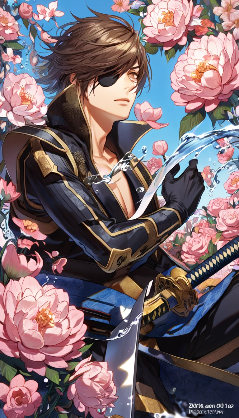 Super detailed, High resolution, Absurd, High resolution, masterpiece, Date Masamune, Medium brown hair, expressive brown eyes, A black eyepatch over his right eye, Sengoku BASARA, water, Pink Flower, good looking, Sexy man, alone, Highest quality, Flowers Bloom, Blue and black clothes, Black gloves, Grabbing a sword