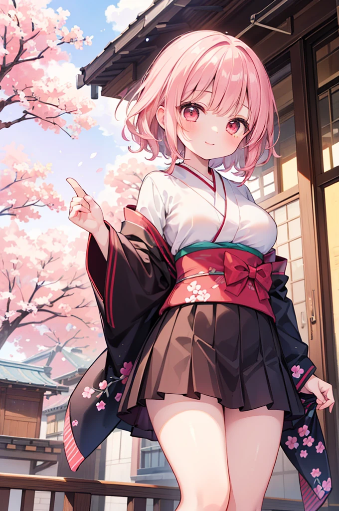 ((Masterpiece)),((high resolution)),((Best Quality)),Anime illustration,(((1girl))),,(wavy hair),(short hair),(pale pink hair color),small ponytail,Red eyes,(Big round eyes),((tareme)),,((loli face)),ry big breasts)),Short stature,,kimono,mini skirt,smile,Ladylike,cherry blossoms,