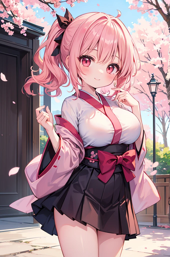 ((Masterpiece)),((high resolution)),((Best Quality)),Anime illustration,(((1girl))),,(wavy hair),(short hair),(pale pink hair color),small ponytail,Red eyes,(Big round eyes),((tareme)),15 years old,((loli face)),((very big breasts)),Short stature,,kimono,mini skirt,smile,Ladylike,cherry blossoms,