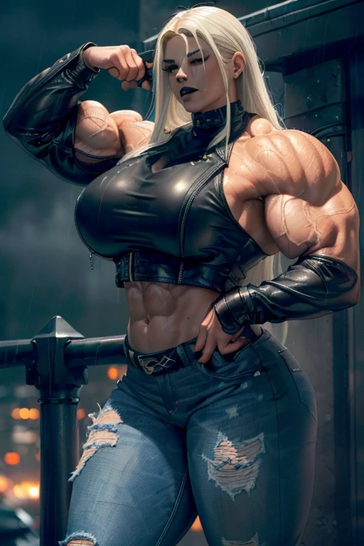 (((((Massive, beautiful, buff, wet, light brown skinned muscular woman with white hair, black lipstick, ginormous bulky muscles and wearing a black cropped leather jacket with tight denim jeans))))), (close view), massive muscles, hyper muscles, long straight hair, ((black corset)), blue eyes, choker, ((cropped leather jacket)), gauntlets, black boots, (in a rainstorm Darkened city), (Dark and moody universe:1.3), evil smile, night, massive arms