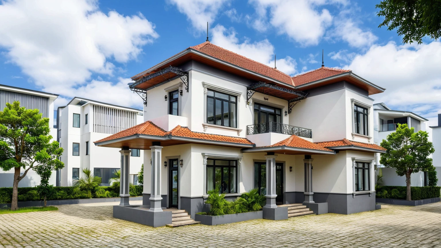 Masterpiece, high quality, best quality, authentic, super detail, outdoors, house style modern,bietthuhn, white wall, glass windows, gate road,pavement, grass, trees,blue sky, cloud, (day:1.1), realistic lighting