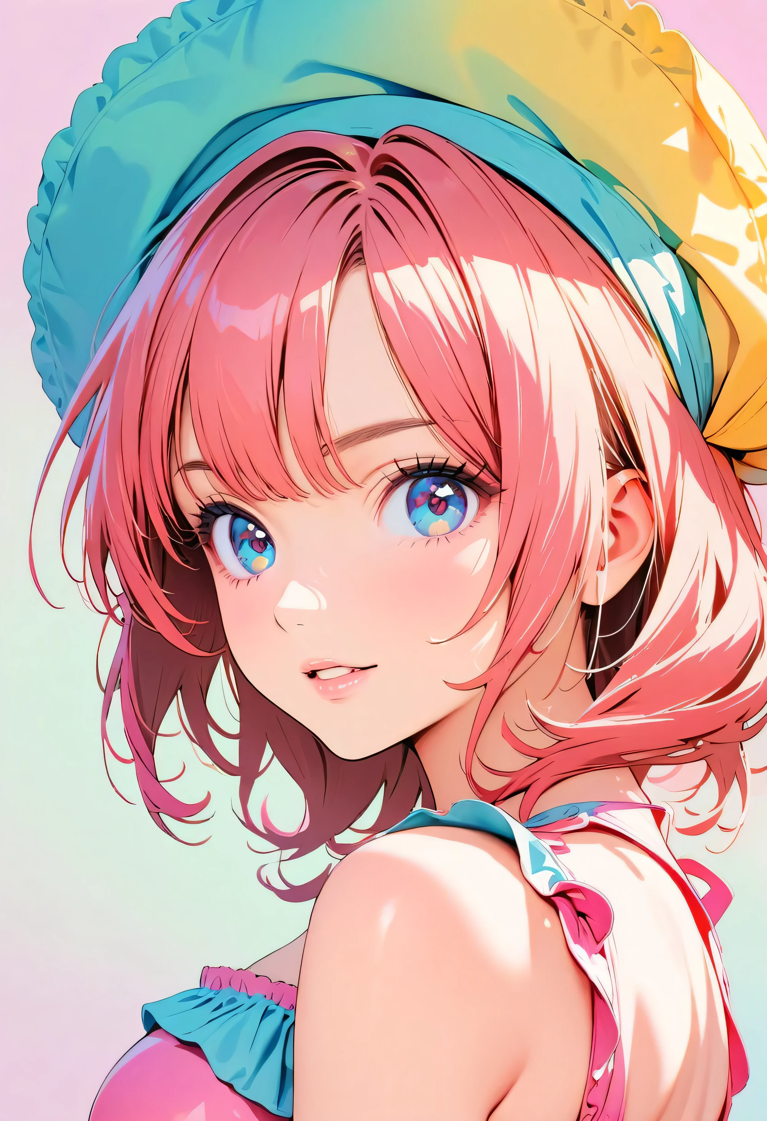 (Highest quality:1.2, City Pop Style, Very detailed, up to date, Vibrant, High Contrast, masterpiece:1.2, Highest quality, Best aesthetics), girl, ((Face Up Shot:1.4)), Colorful Hair, pastel colour, 1980s style, ((Retro, Vintage, Plain background))