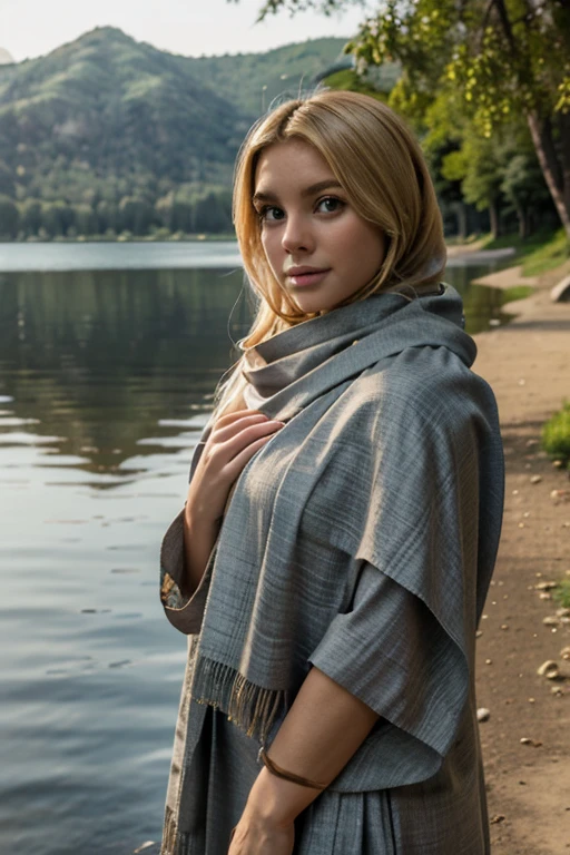 Blonde woman wrapped in shawl, stands on the shore of the lake and looks at you
