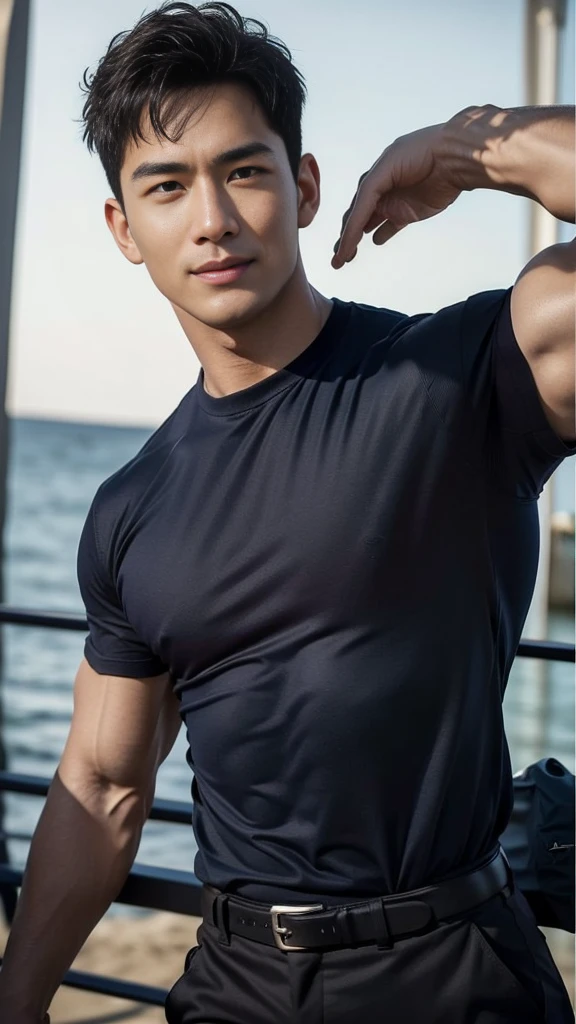 (Create a masterpiece: 1.2),(CGI art:1.3),(realistic:1.5),(After processing:1.3), (Sharp focus:1.3), 1 man, open mouth, smile, (Navy blue round neck shirt), Navy cargo pants, Korean guy , korean men, (High gloss details), looking at the audience, Balancing the eyes, Seaside, beach, sunlight, running towards the camera