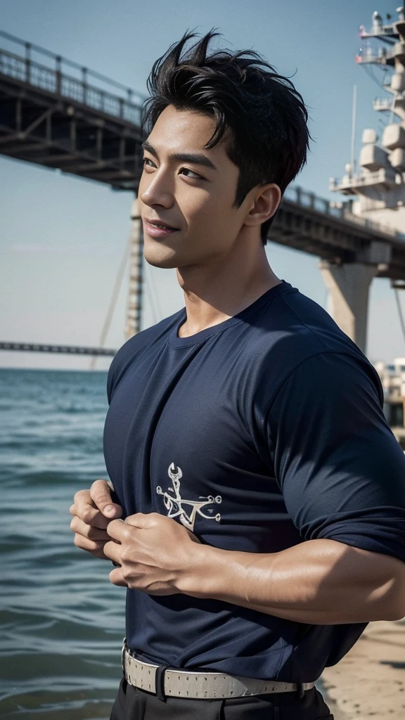 (Create a masterpiece: 1.2),(CGI art:1.3),(realistic:1.5),(After processing:1.3), (Sharp focus:1.3), 1 man, open mouth, smile, (Navy blue round neck shirt:1.3), Navy cargo pants, Korean guy , korean men, (High gloss details), chest muscles, large arm muscles, blood vessel, Big muscles, Broad shoulders, looking at the audience, Balancing the eyes, Seaside, beach, sunlight, running towards the camera
