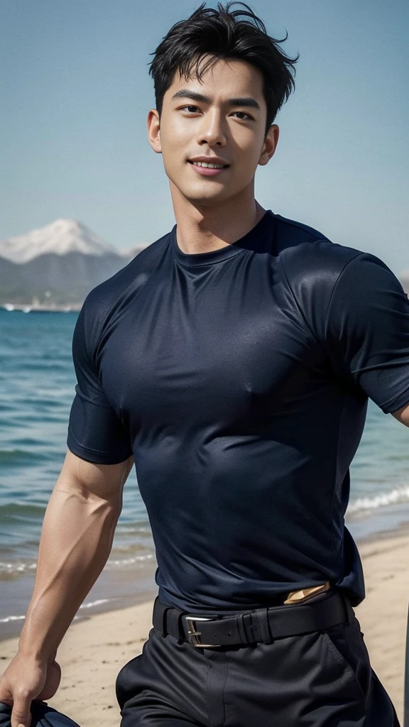 (Create a masterpiece: 1.2),(CGI art:1.3),(realistic:1.5),(After processing:1.3), (Sharp focus:1.3), 1 man, open mouth, smile, (Navy blue round neck shirt:1.3), Navy cargo pants, Korean guy , korean men, (High gloss details), chest muscles, large arm muscles, blood vessel, Big muscles, Broad shoulders, looking at the audience, Balancing the eyes, Seaside, beach, sunlight, running towards the camera