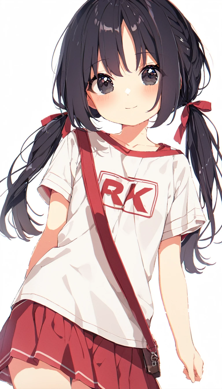 16K,1girl,12 years old,very cute,black hair,twintail,thin twintail,black eyes,r-shirt,Short sleeve,Red Skirt, red satchel with back straps,flat chest,white background,blush,light smile