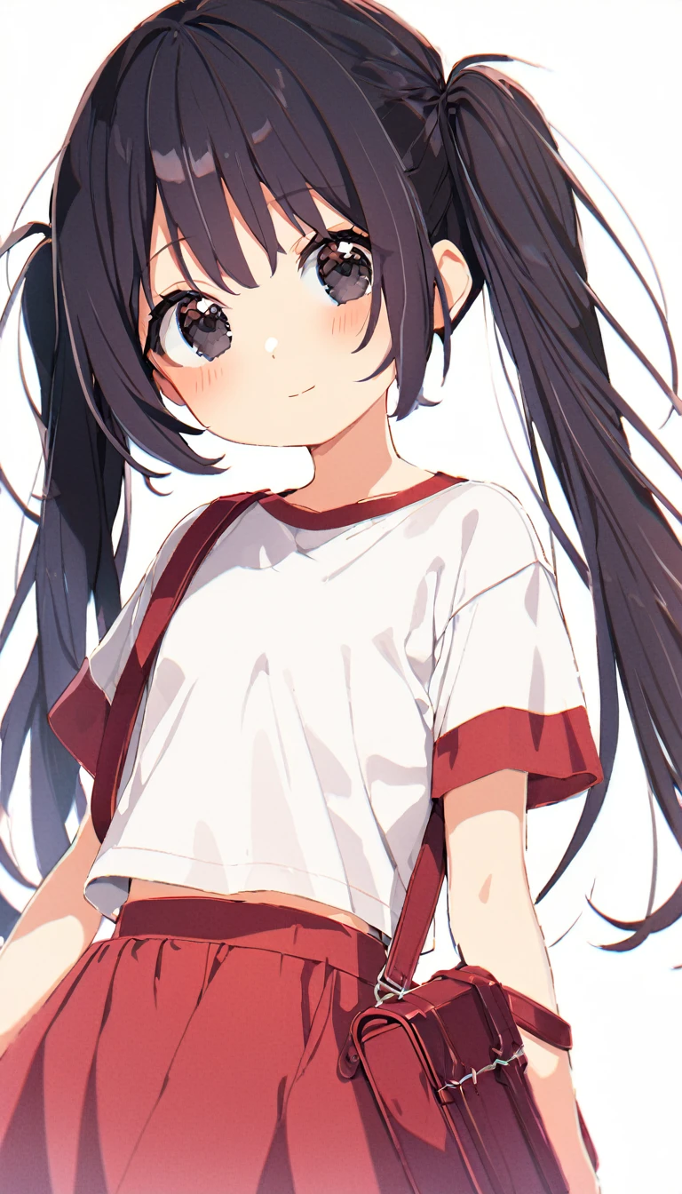 16K,1girl,12 years old,very cute,black hair,twintail,thin twintail,black eyes,r-shirt,Short sleeve,Red Skirt, red satchel with back straps,flat chest,white background,blush,light smile