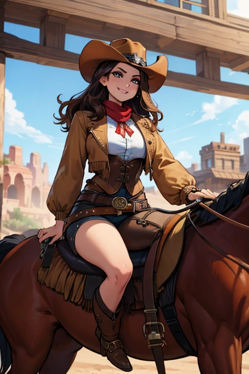 perfect face, perfect hands A brown haired female cowgirl with copper eyes with an hourglass figure in a conservative cowgirl outfit is riding a horse through a wild west town with a big smile