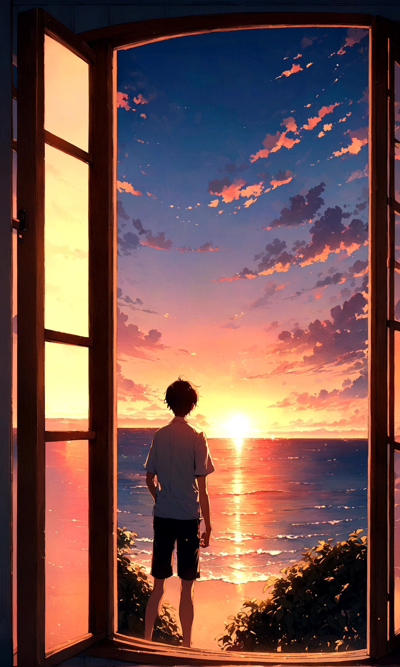 sunset, Young man boy, Large windows, View of the sea from the window, I can see the horizon from the window,large room、Looking out the window
