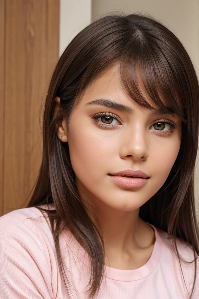 Hot beautiful smart realistic girl brown eyes pink lips white iskert brown top