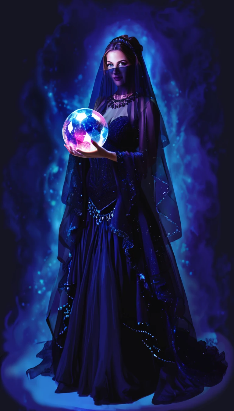 (deep dark night),  colorful sketch, (female Astrologer),1girl, holding crystal ball, full body, veil, mysterious,extremly detailed