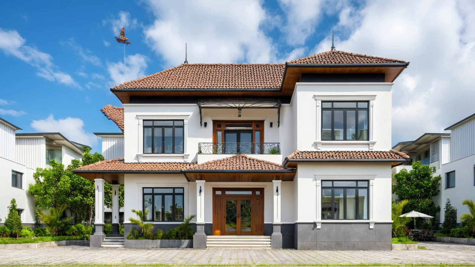 Masterpiece, high quality, best quality, authentic, super detail, outdoors, house style modern,bietthuhn, white wall, glass windows, gate road,pavement, grass, trees,blue sky, cloud, (day:1.1), realistic lighting
