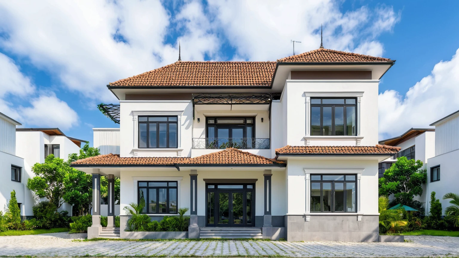 Masterpiece, high quality, best quality, authentic, super detail, outdoors, house style modern,bietthuhn, white wall, glass windows, gate road,pavement, grass, trees,blue sky, cloud, (day:1.1), realistic lighting