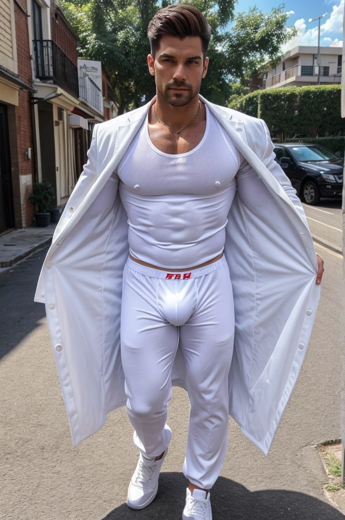 A man in white undervest and were trunk underwear full body photo