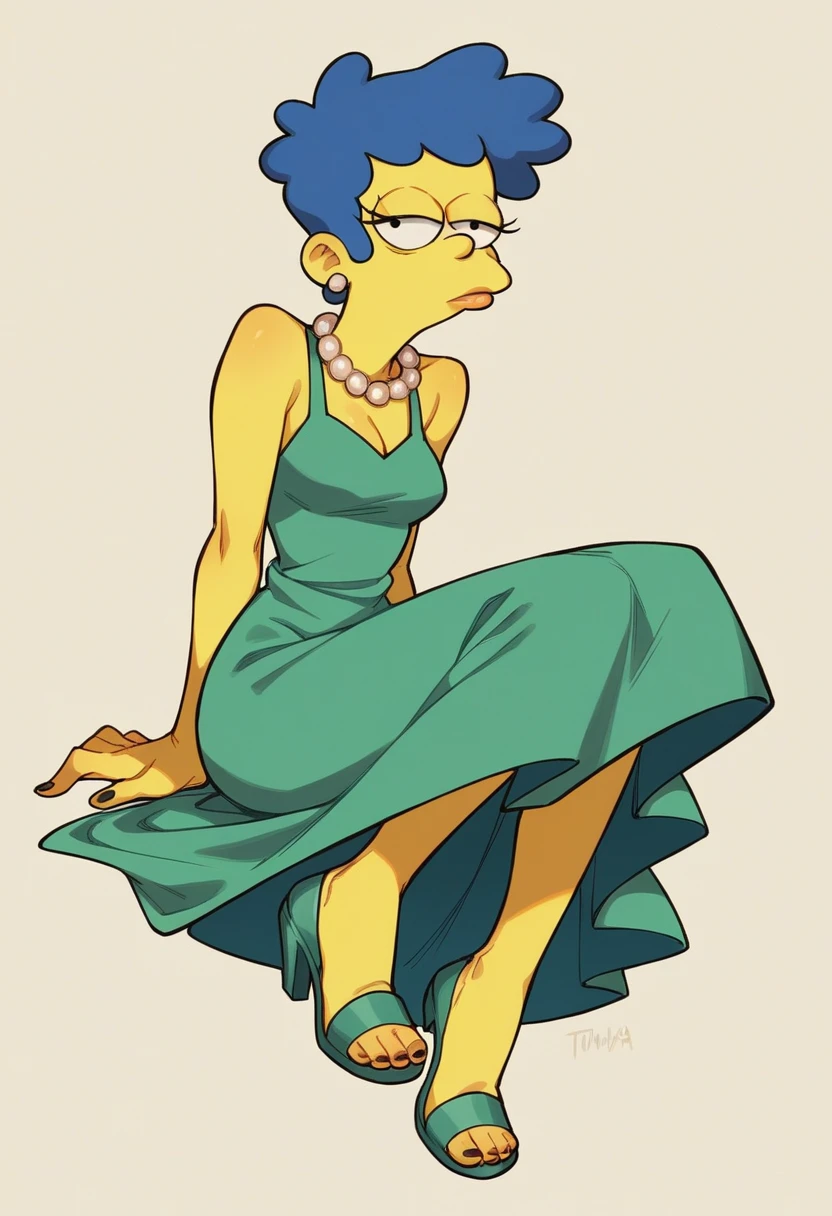 Marta is a middle-aged woman, with characteristic blue hair from the Simpsons, hairstyle in a short and modern cut. He has large and expressive eyes, and usually wears a light green dress with a pearl necklace. Their shoes are comfortable but elegant., reflecting his practical yet refined style.