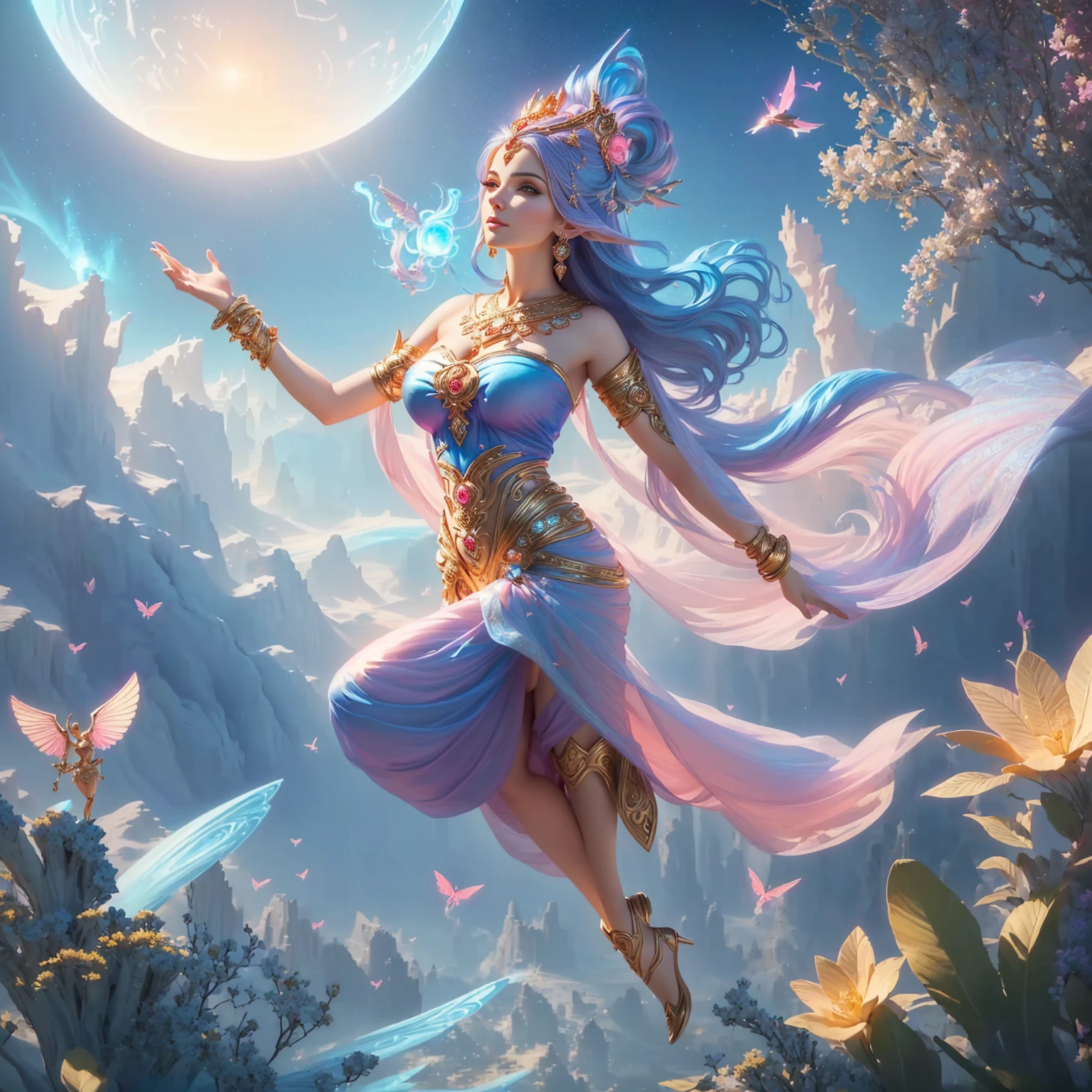 Portrait of a woman in a pink and blue dress, beautiful fantasy art, beautiful fantasy girl, Argerm Julie Bell Beeple, very beautiful fantasy art, Carol is behind, uh.., Amazing 8k artwork, beautiful goddess, beautiful character drawings, Persian Princess, Fantasy Woman, Beautiful Fantasy Empress, beautiful devil girl, Indian goddess