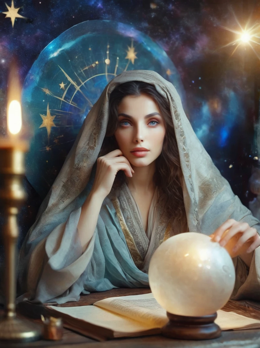 a mystic astrologer woman, flowing robes with intricate star patterns, holding a gleaming crystal ball, beautiful detailed eyes, beautiful detailed lips, long eyelashes, extremely detailed eyes and face, celestial background with stars and constellations, a desk filled with ancient scrolls and astrological tools, soft, ethereal lighting, dramatic shadows, slight bokeh effect, sharp focus, professional, vivid colors, artisan style, magical atmosphere, cosmic theme, (best quality, masterpiece:1.2), ultra-detailed, (realistic, photorealistic), illustration, 8k, highres