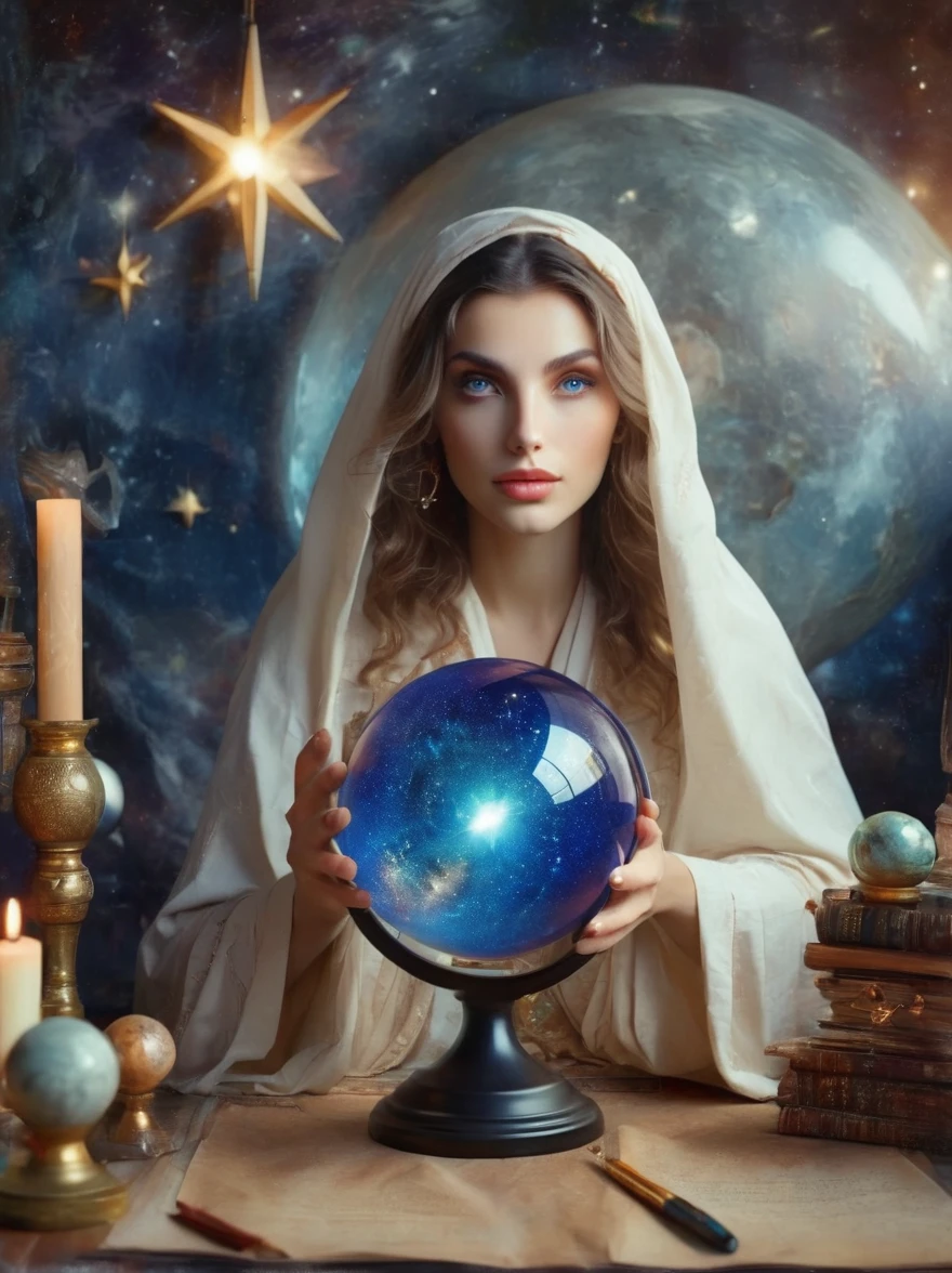 a mystic astrologer woman, flowing robes with intricate star patterns, holding a gleaming crystal ball, beautiful detailed eyes, beautiful detailed lips, long eyelashes, extremely detailed eyes and face, celestial background with stars and constellations, a desk filled with ancient scrolls and astrological tools, soft, ethereal lighting, dramatic shadows, slight bokeh effect, sharp focus, professional, vivid colors, artisan style, magical atmosphere, cosmic theme, (best quality, masterpiece:1.2), ultra-detailed, (realistic, photorealistic), illustration, 8k, highres