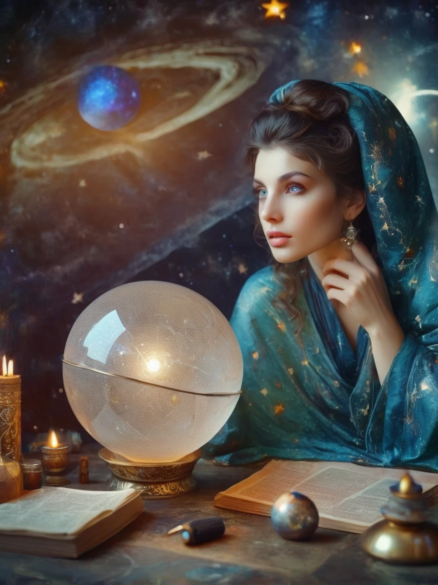 a mystic astrologer woman, flowing robes with intricate star patterns, holding a gleaming crystal ball, beautiful detailed eyes, beautiful detailed lips, long eyelashes, extremely detailed eyes and face, celestial background with stars and constellations, a desk filled with ancient scrolls and astrological tools, soft, ethereal lighting, dramatic shadows, slight bokeh effect, sharp focus, professional, vivid colors, artisan style, magical atmosphere, cosmic theme, (best quality, masterpiece:1.2), ultra-detailed, (realistic, photorealistic), illustration, 8k, highres