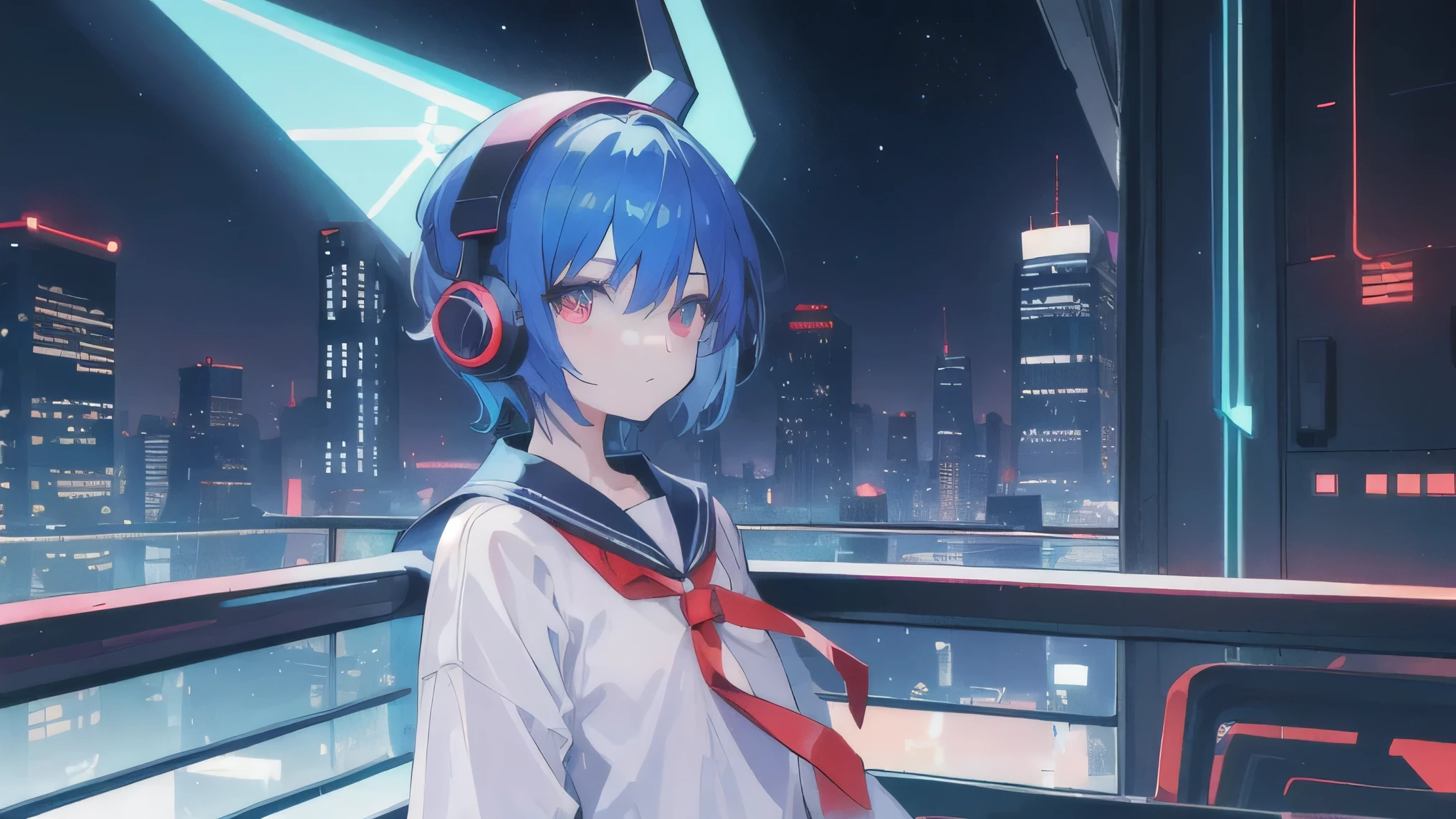 Girl in a sailor suit,Neon streets of a futuristic city,Neon Light,Skyscrapers can be seen in the distance,Blue-haired shorthair,Blue short hair,red headphones,Photo of the draw,Shoot from a distance,Take an aerial shot from slightly above,Highest quality,Car tail lights,Afterimage,it's raining,Don't stick an umbrella,Ultra HD,8K,Artistic,Japanese anime,Beautiful depiction with detailed images,Highest quality,