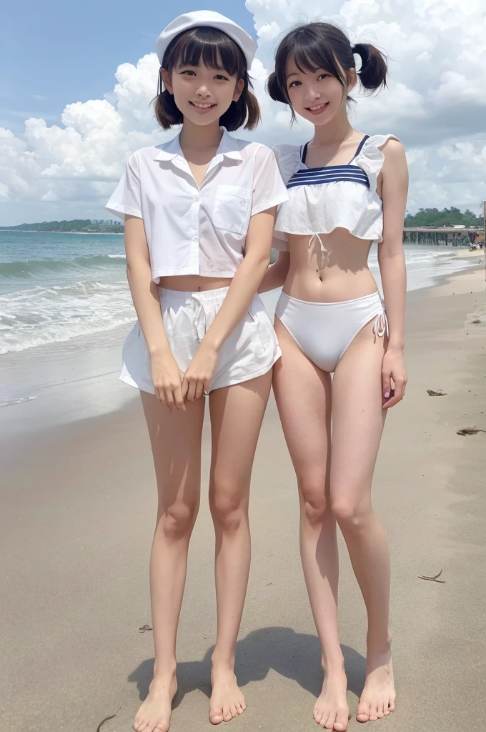 2 girls in beach,cumulonimbus cloud in summer sky,short-sleeved sailor shirt,white bikini bottom,18-year-old,bangs,a little smile,thighs,knees,short hair with low pigtails bunches,from below,front light