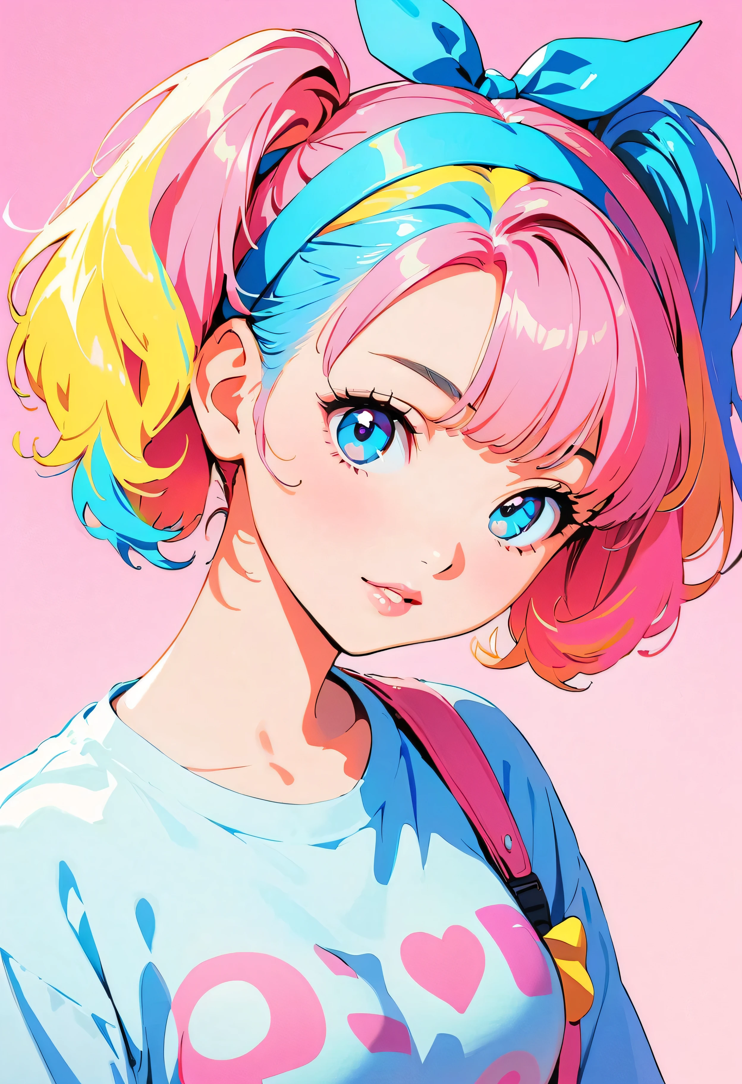 (Highest quality:1.2, City Pop Style, Very detailed, up to date, Vibrant, High Contrast, masterpiece:1.2, Highest quality, Best aesthetics), girl, ((Face Up Shot:1.4)), Colorful Hair, pastel colour, 1980s style, ((Retro, Vintage, Plain background))