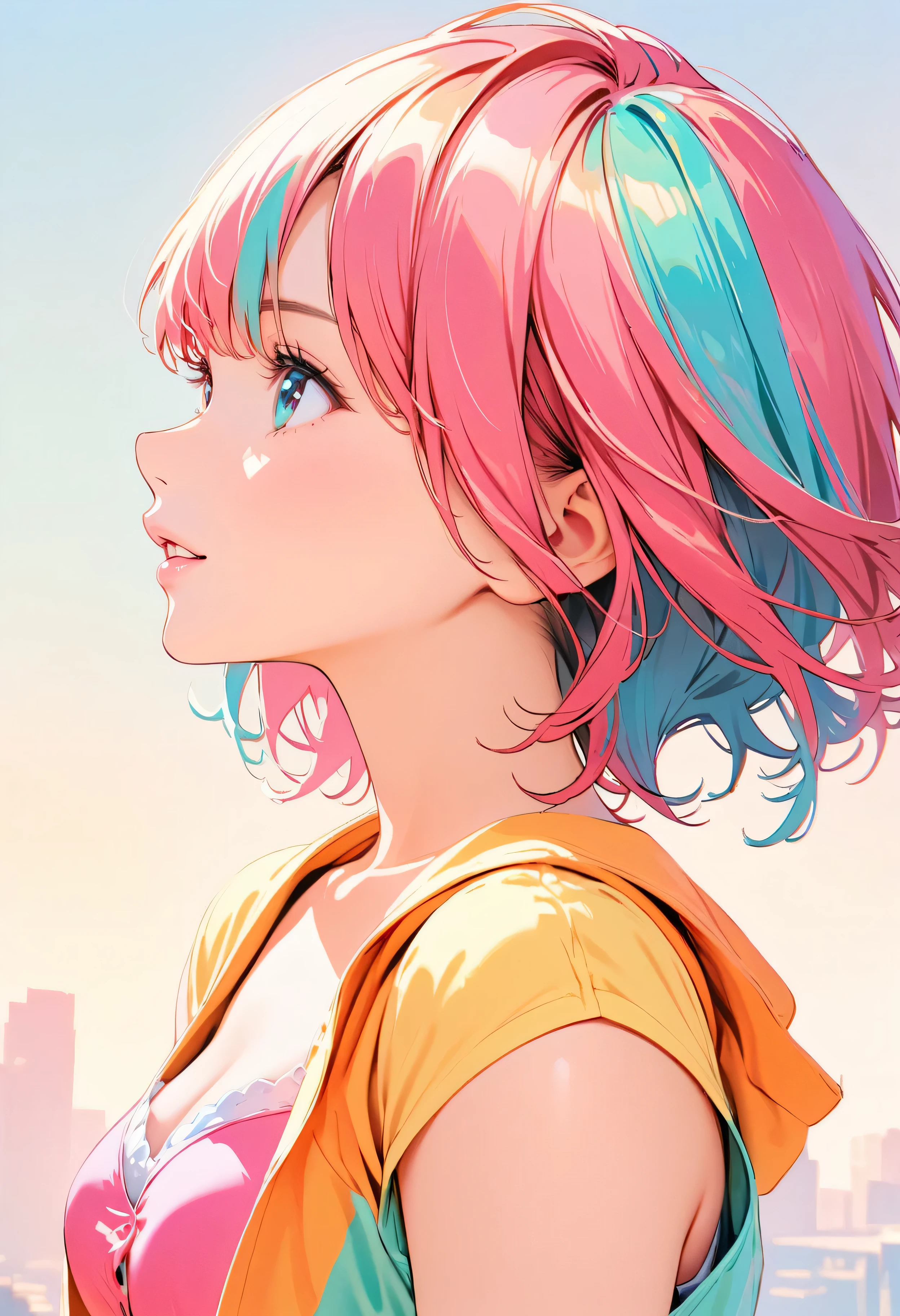 (Highest quality:1.2, City Pop Style, Very detailed, up to date, Vibrant, High Contrast, masterpiece:1.2, Highest quality, Best aesthetics), girl, ((Face Up Shot:1.4)), Colorful Hair, pastel colour, 1980s style, ((Retro, Vintage, Plain background))