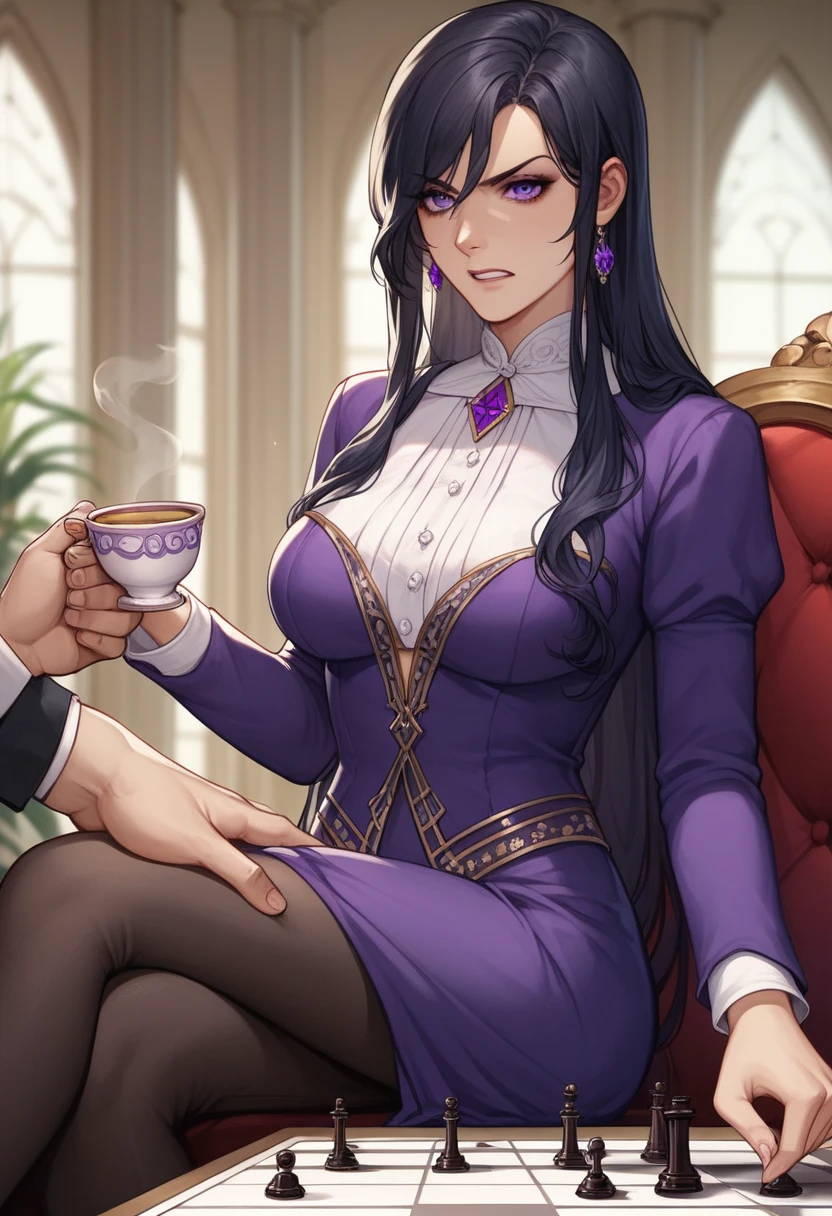 long dark black hair female, playing chess pov, beautiful, hime, straight black hair, noble attire, purple clothes, purple eyes, manhwa style, aristocrat, noble lady, mocking smirk, smart, cunning, 15 years old, elegant, sitting, holding tea cup, men hand on lap, angry, man sitting next to her, man out of frame, 2d, manhwa style, grabbing man thigh, hand on thigh
