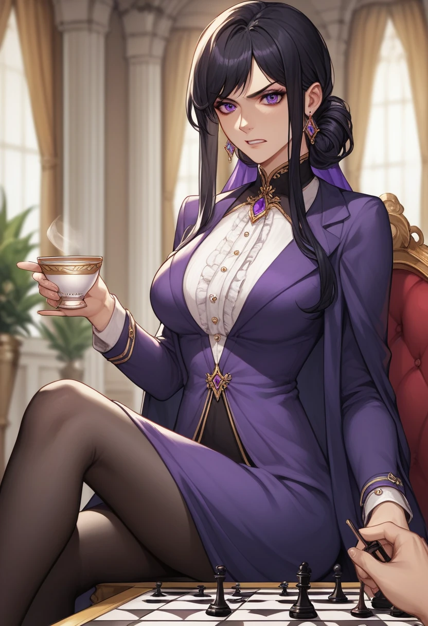 long dark black hair female, playing chess pov, beautiful, hime, straight black hair, noble attire, purple clothes, purple eyes, manhwa style, aristocrat, noble lady, mocking smirk, smart, cunning, , elegant, sitting, holding tea cup, men hand on lap, angry, man sitting next to her, man out of frame, 2d, manhwa style, grabbing man thigh, hand on thigh