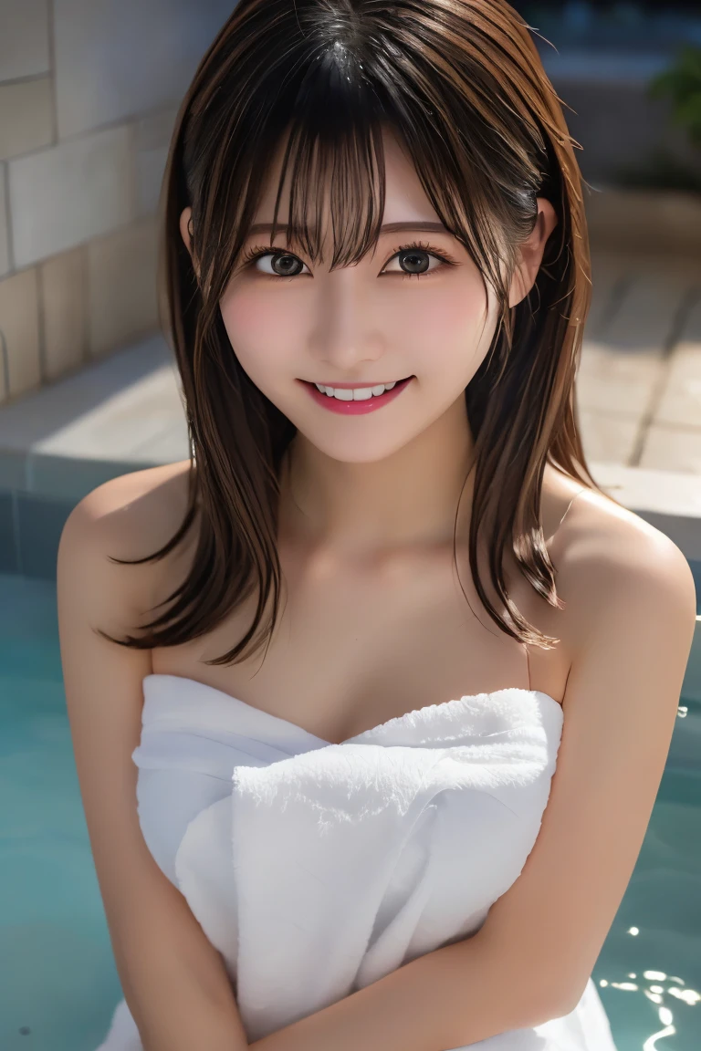 Highest quality, (beautiful)、Soak in a large open-air bath、Cover your body with a bath towel、Close-up、Soft 、night、smile、Bare shoulders、Shoot from above、Outdoor、steam