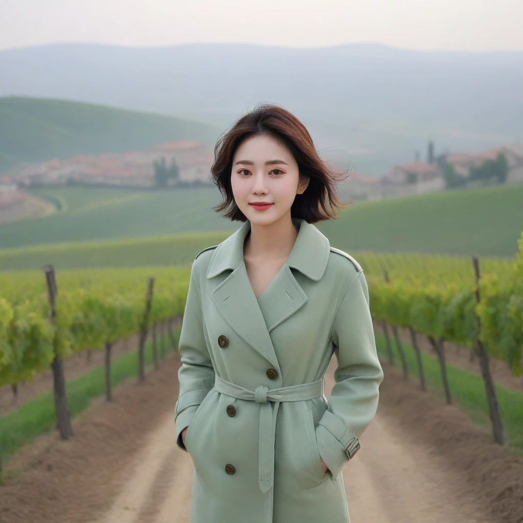 k Best picture quality, Beautiful 36-year-old Korean woman, You have good skin and big and pretty eyes... clear and nice weather. Chest size 34 inches, italian countryside, past the vineyard, The cathedral can be seen in the distance in thick fog.., The back background is realistic and vivid quality., Short and medium hair blowing in the wind, A light green trench coat was worn over the knit.. beige casual pants, I'm smiling. Standing on a frozen field overlooking a vineyard, Short and slim Korean woman, stand far away, Full body photo taken with Canon Mark 5 camera 16-35 wide angle lens, One woman with big and pretty eyes, eyes are round and big, Taken from a hill above a vineyard