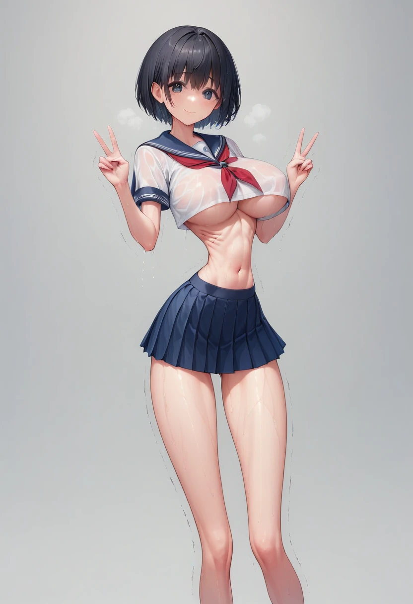 (masterpiece, best quality:1.2), front shot, beautiful 1girl, (super big breasts, micro waist, very long legs:1.4), Black hair, short bob hair, short height, scrawny and thin body, Light Skin, cute big eyes, cute beautiful thin face, forced smile, serafuku, mini skirt, pigeon-toed, V sign, Long and thin navel, thin belly, (beautiful visible ribs:1.2), (Arched back, wet and sweaty, Trembling)