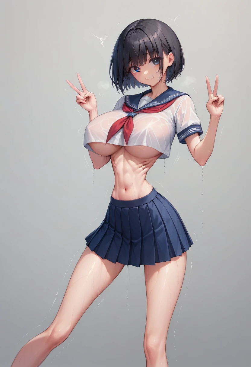 (masterpiece, best quality:1.2), front shot, beautiful 1girl, (super big breasts, micro waist, very long legs:1.4), Black hair, short bob hair, short height, scrawny and thin body, Light Skin, cute big eyes, cute beautiful thin face, forced smile, serafuku, mini skirt, pigeon-toed, V sign, Long and thin navel, thin belly, (beautiful visible ribs:1.2), (Arched back, wet and sweaty, Trembling)