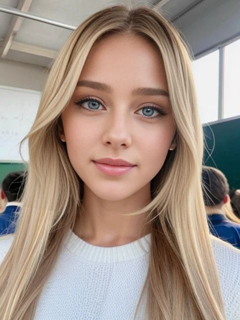 beautiful 20 years blond with blue eyes woman in the school