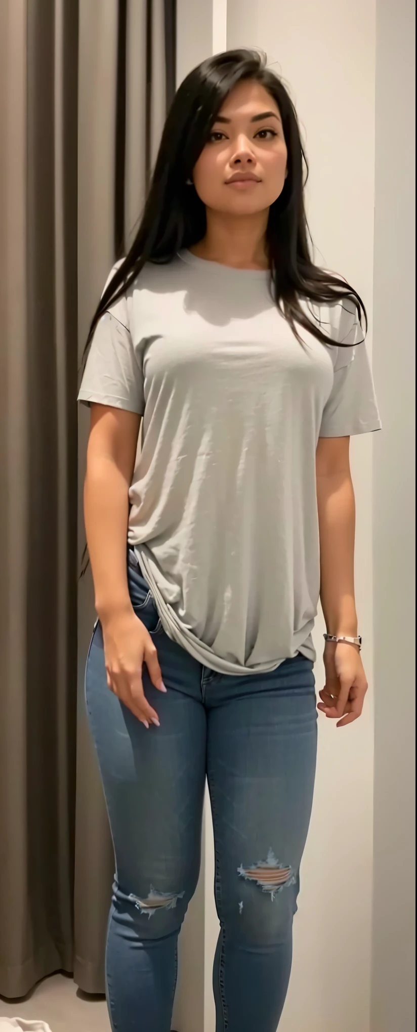 a woman standing in front of a mirror wearing a gray shirt and jeans, gray shirt, wearing a tshirt, wearing pants and t-shirt, thick, tight shirt, wearing a shirt leve, wearing tight shirt, wearing a shirt, wearing in shirt, hand on hips, wearing a shirt and a jean, tied shirt, wearing simple, tight-fitting clothes