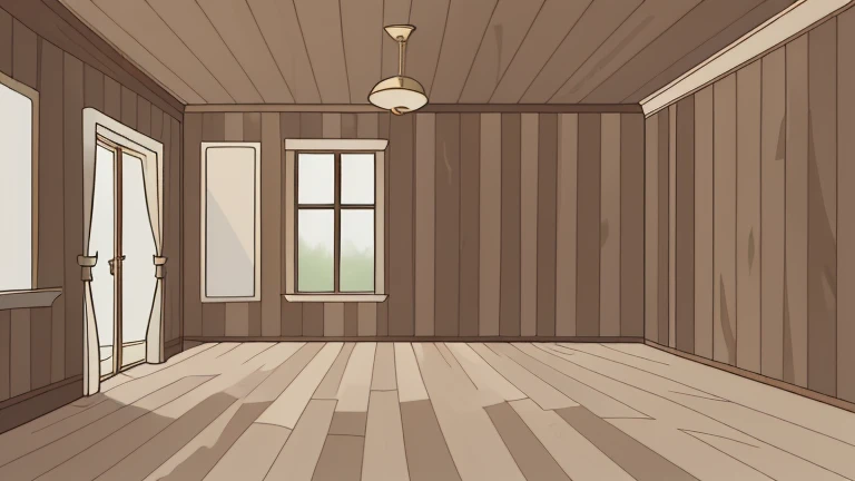 Cartoon style, an empty room, light brown wooden wall coverings, a stylish and classic room, with a classic cornice.